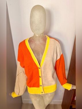 Kerri Rosenthal Colorblock Sunset Heart Cardigan in Orange/Yellow. Size Medium